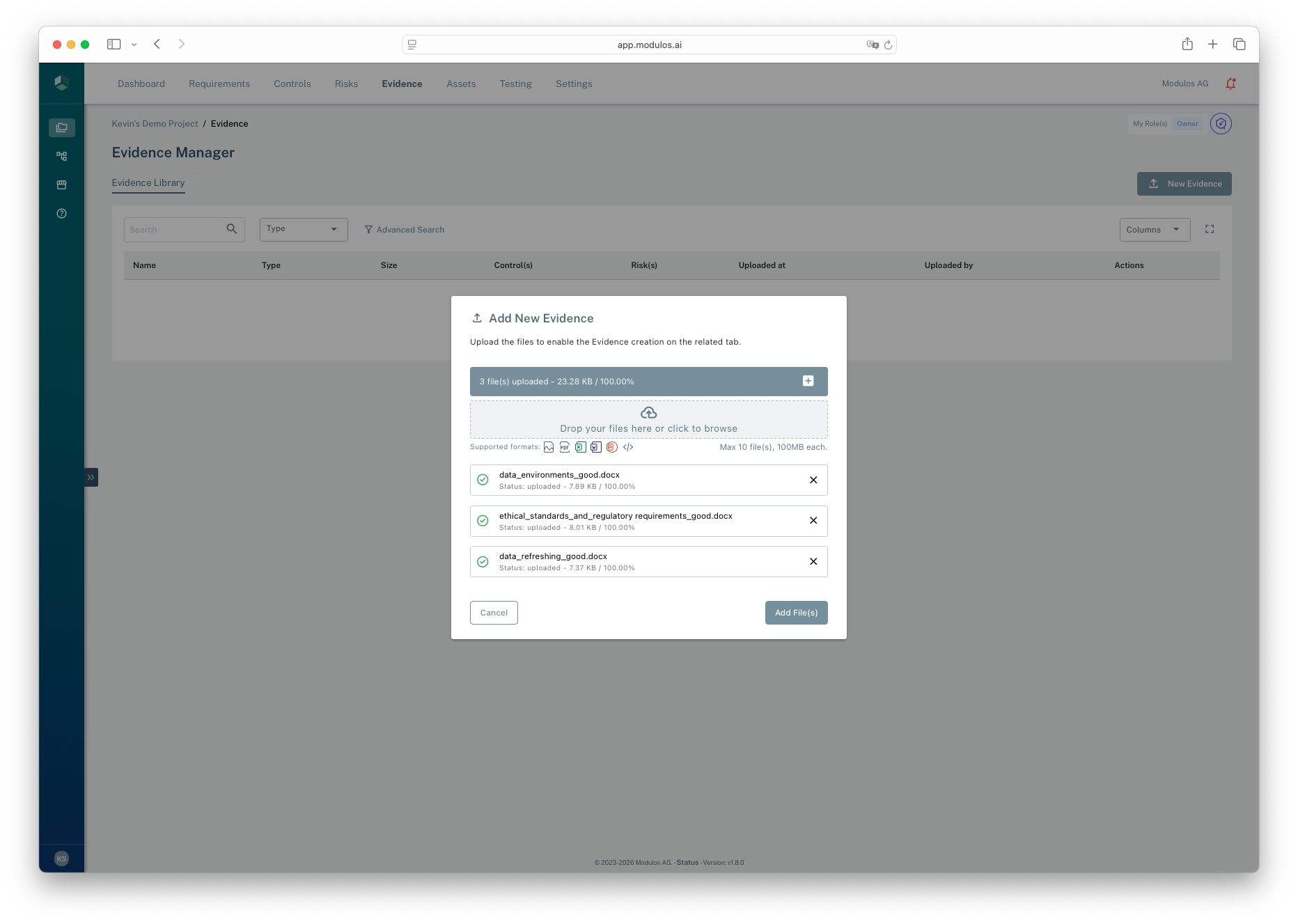 Add New Evidence dialog showing multiple uploaded files ready to be added to the project evidence library.