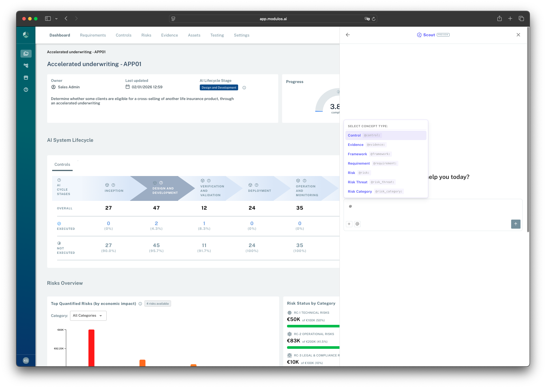 Scout mention dropdown showing concept types such as control, evidence, framework, requirement, and risk.