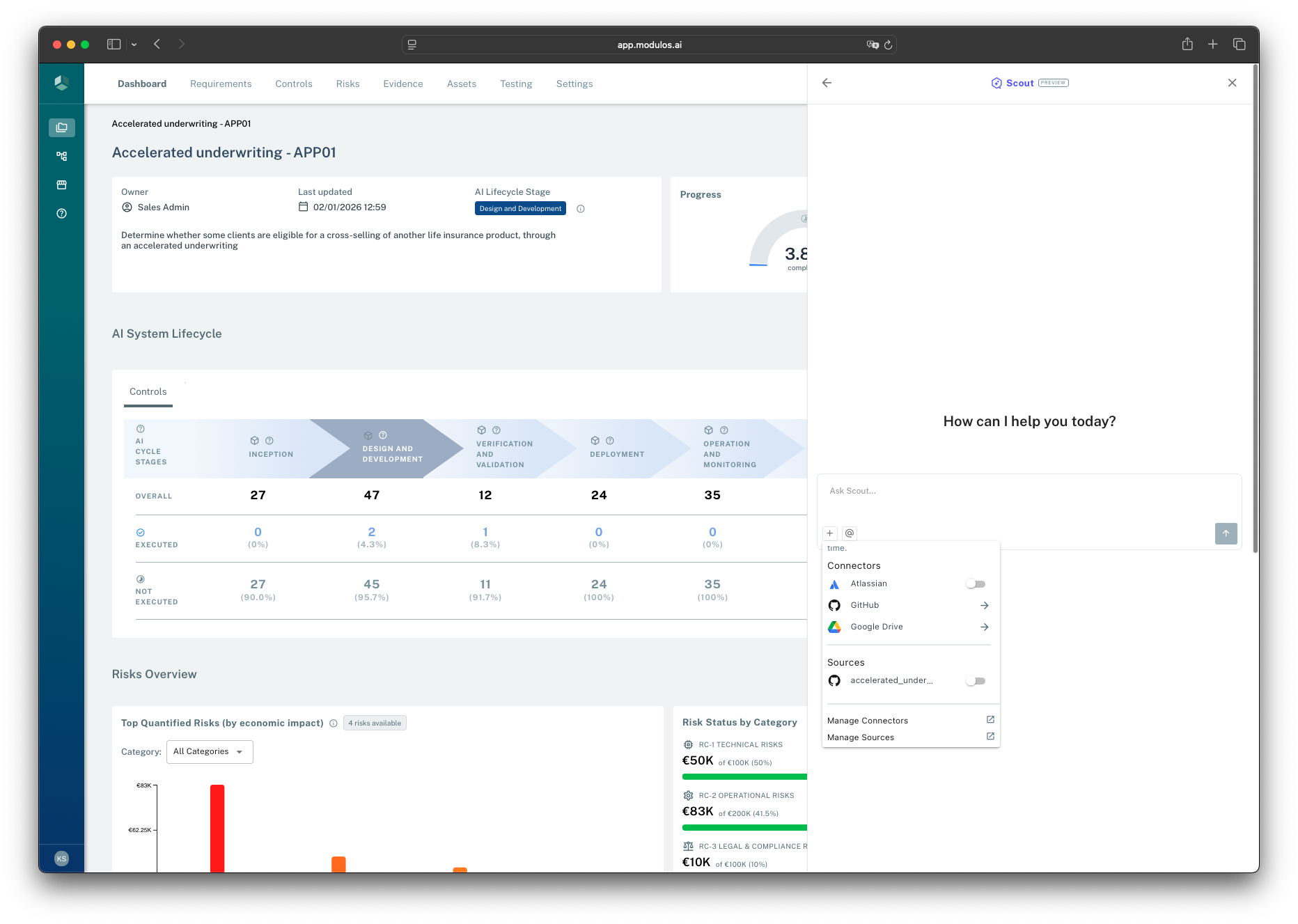 Scout context menu listing connectors and sources that can be selected for a conversation.
