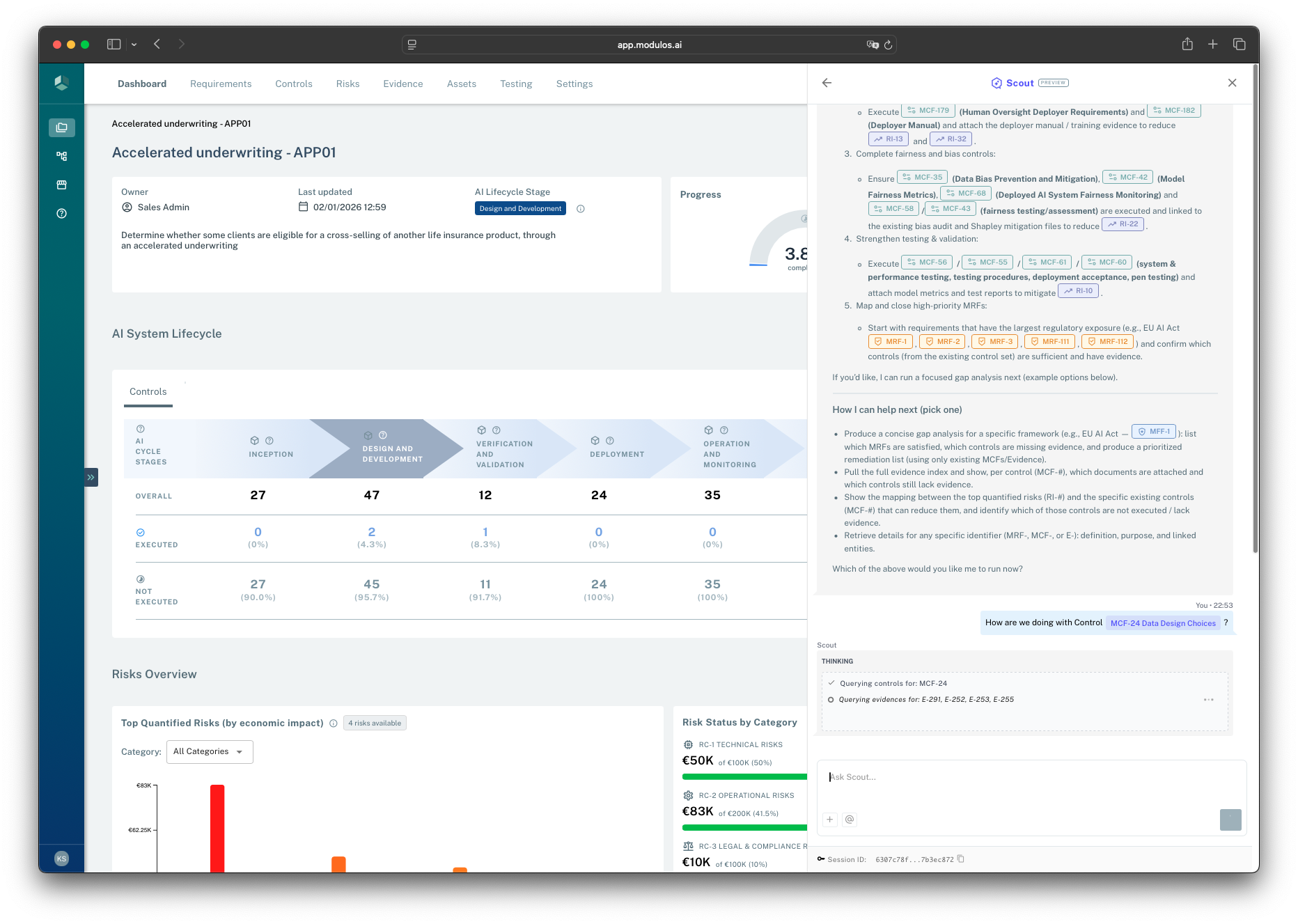 Scout answer referencing controls and requirements with a visible Thinking panel showing what Scout is querying.