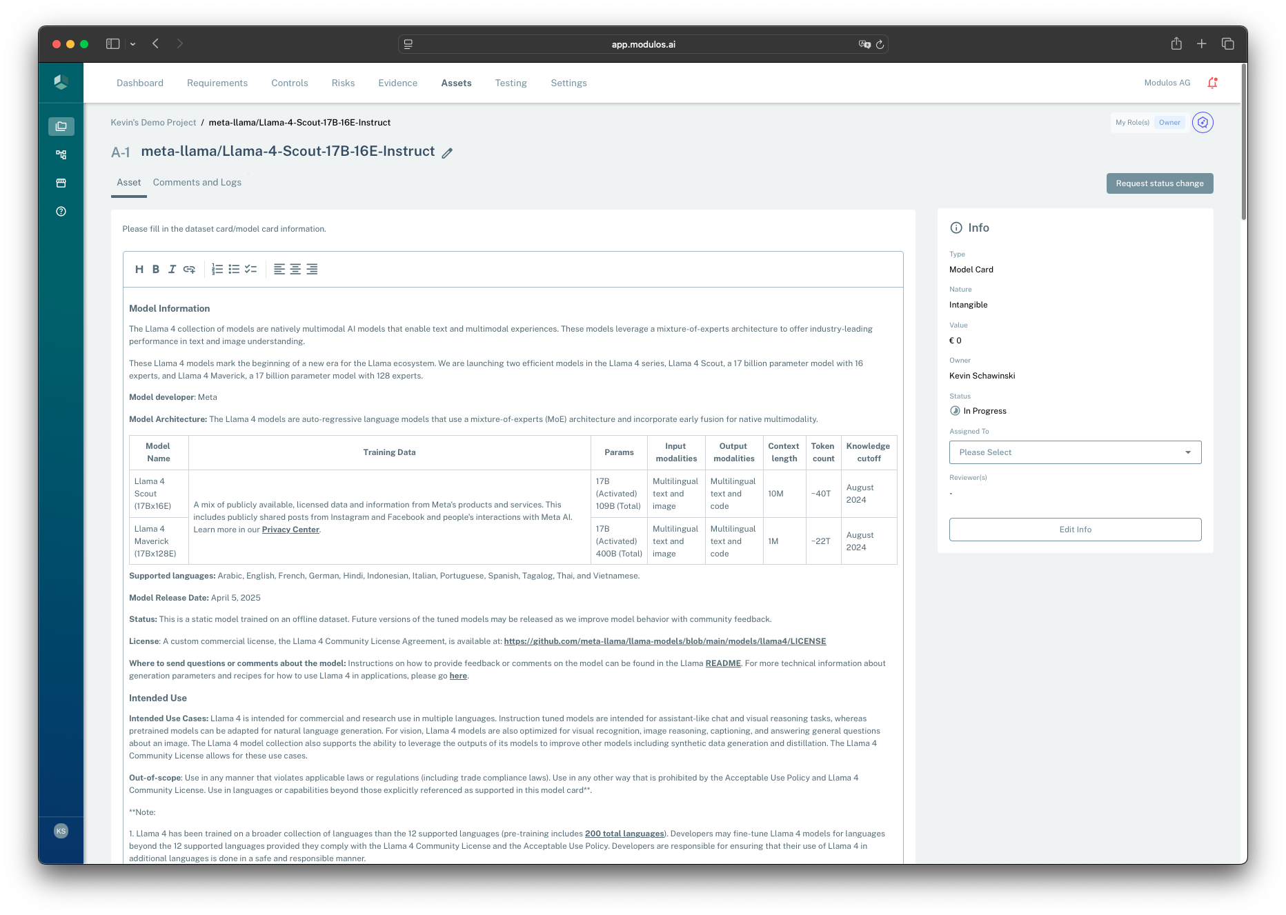 Asset detail view showing a living document editor, ownership and status panel, and a request status change action.