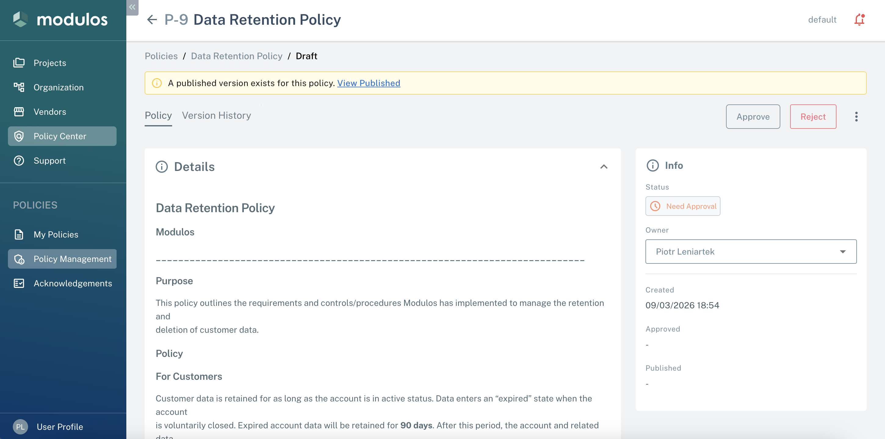Need Approval version view showing Approve and Reject buttons visible to Policy Managers.