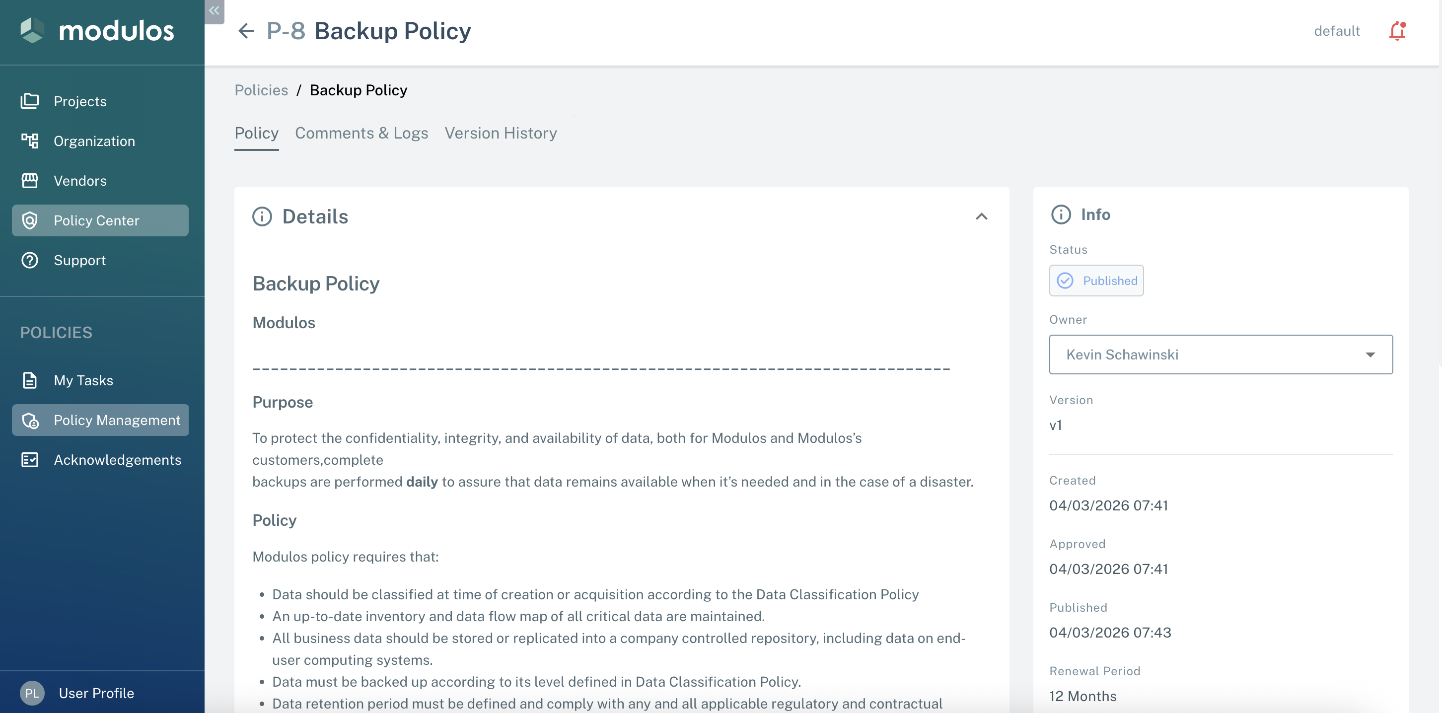 Policy detail view showing policy name, status, owner assignment, tabs for policy content, comments, and version history.