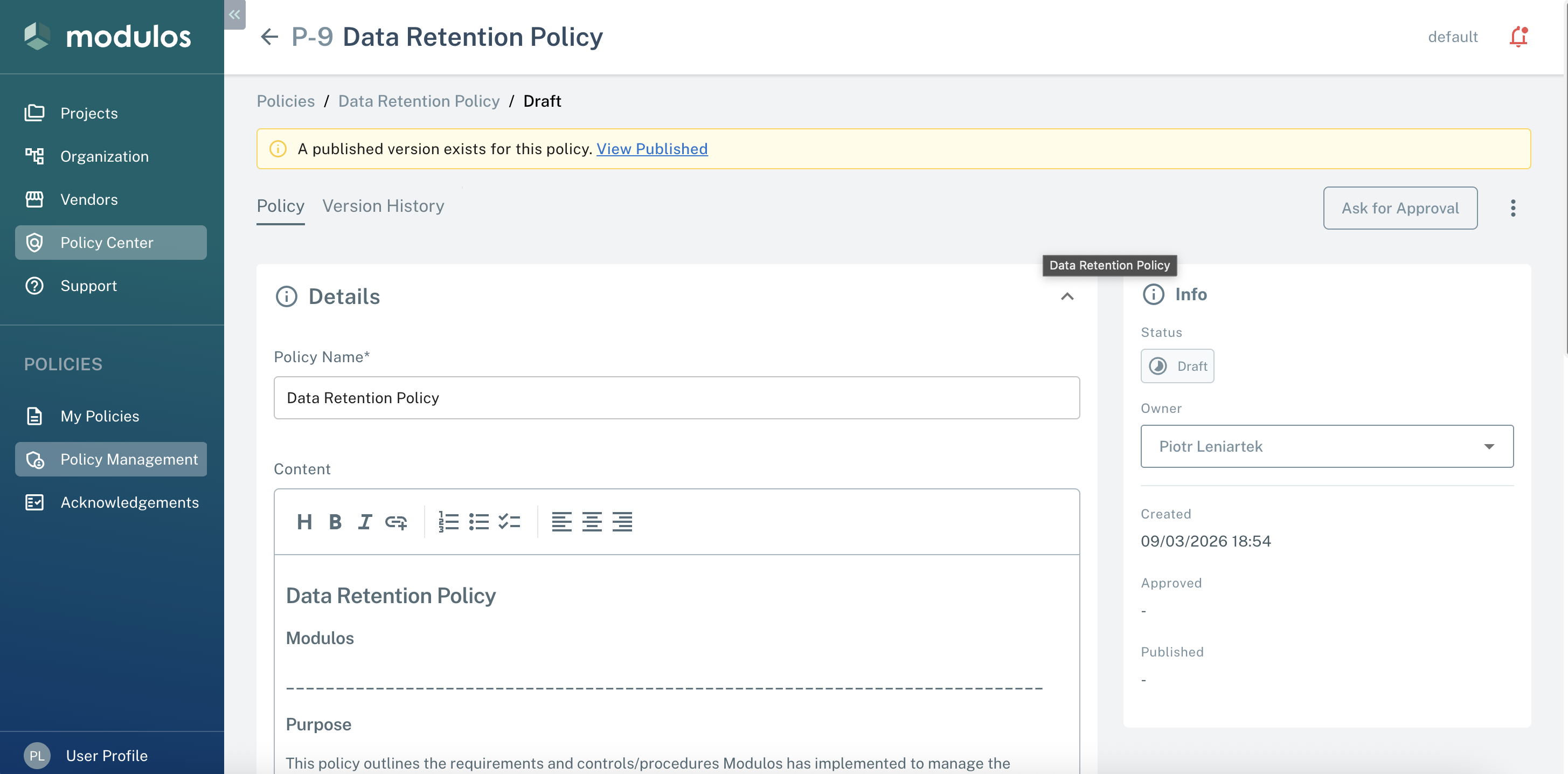 Draft version editor showing the rich-text editor, version status badge, and Ask for Approval button.