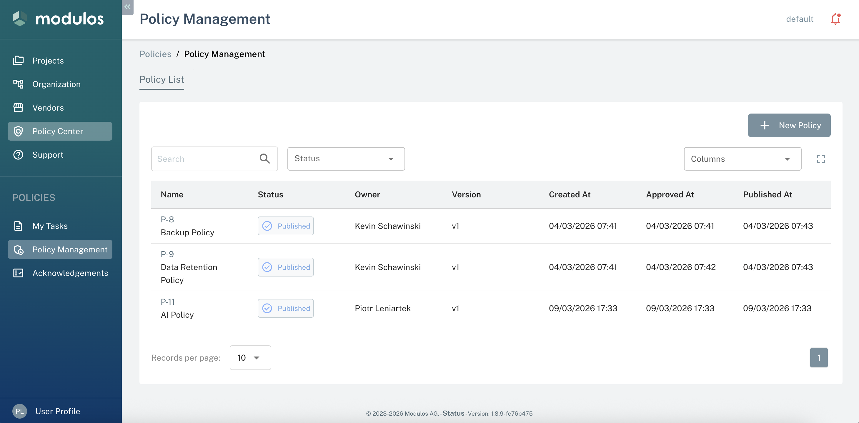 Policy Management list view showing policies with status badges, owner, version number, and filter controls.