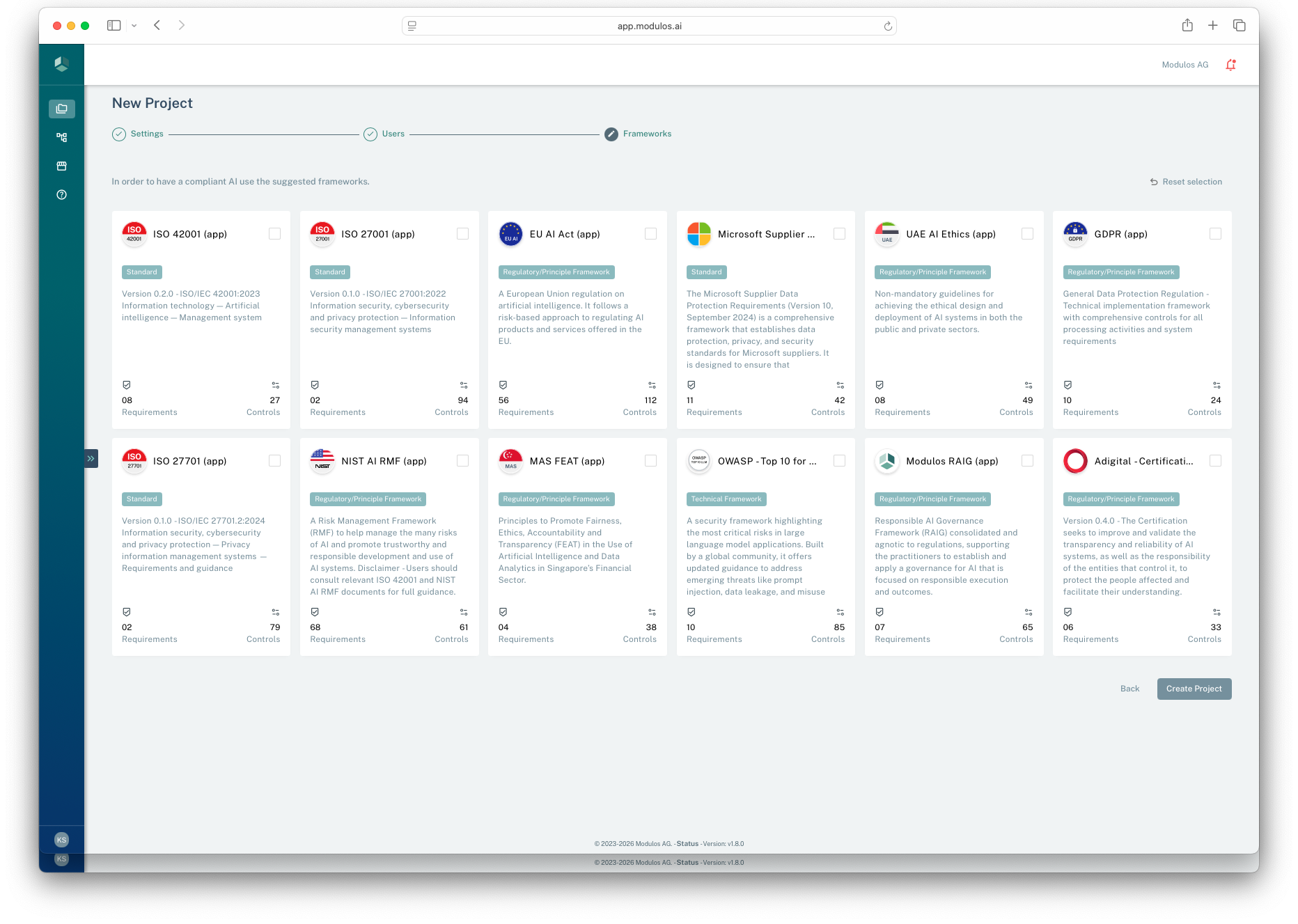 Framework selection step in the New Project wizard showing a grid of available frameworks.
