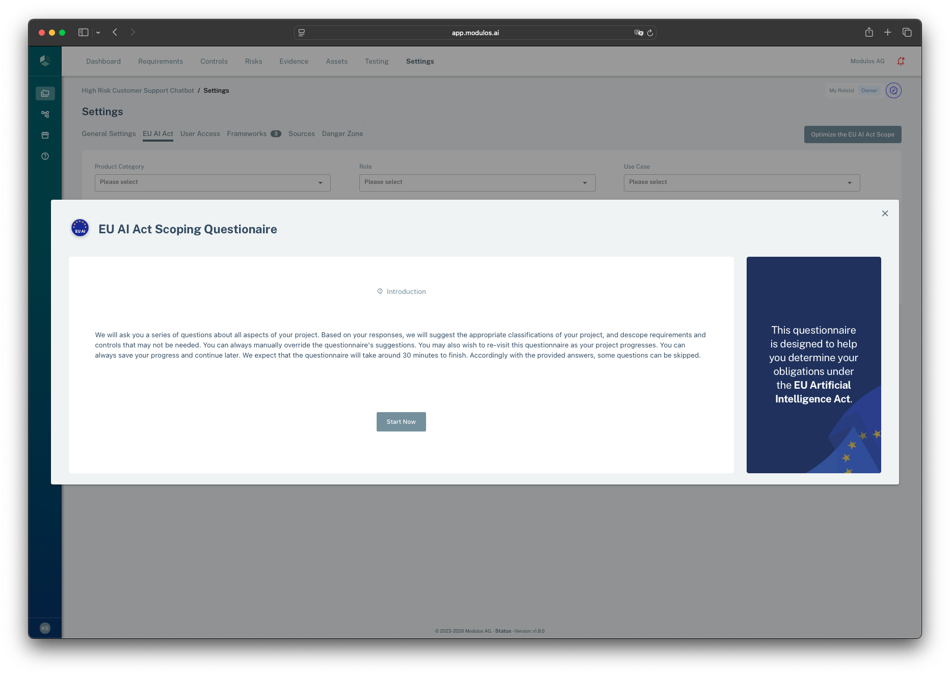 EU AI Act Questionnaire showing role selection and classification questions.