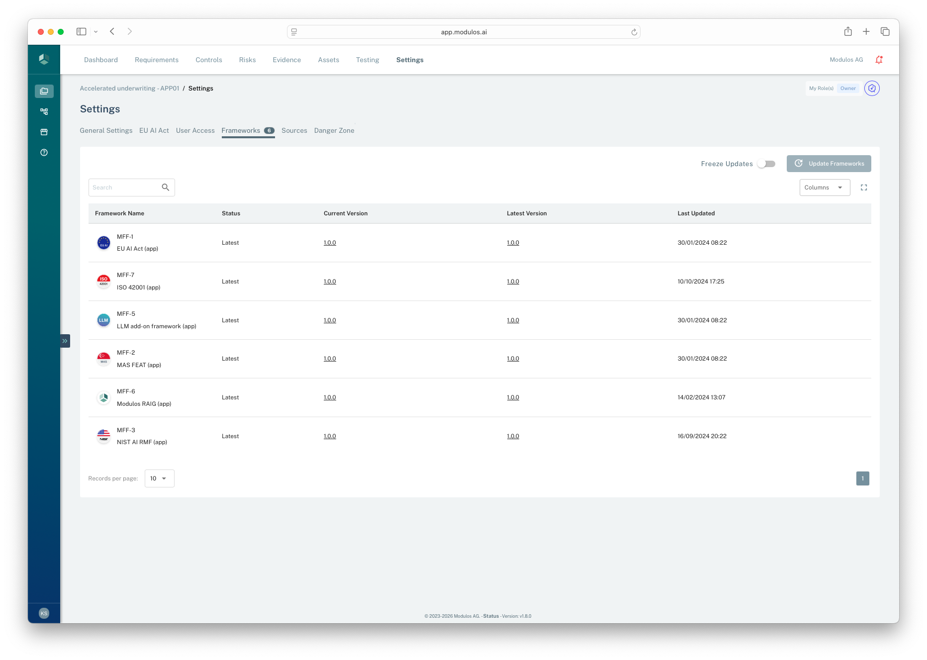 Frameworks tab in Project Settings showing current and latest versions, freeze updates toggle, and update button.