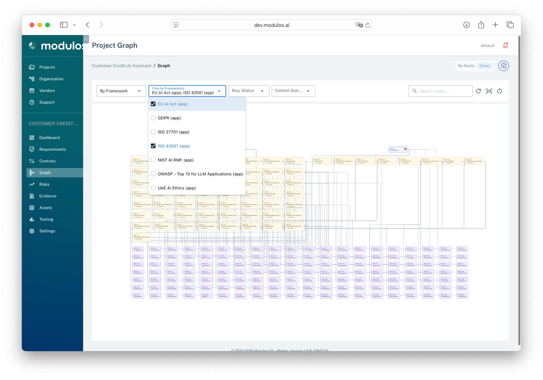 Compliance graph showing frameworks, requirements, and controls as connected nodes with status colors and filters.
