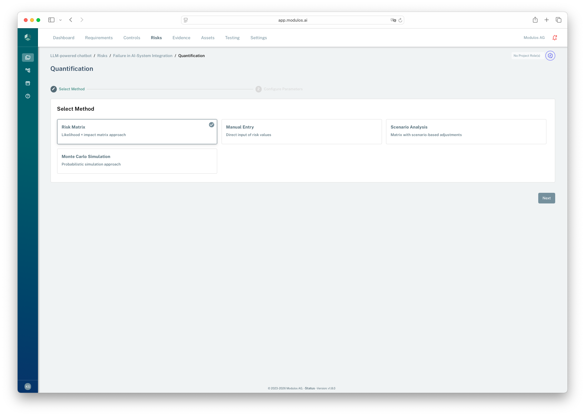Quantification wizard Step 1 showing method selection.
