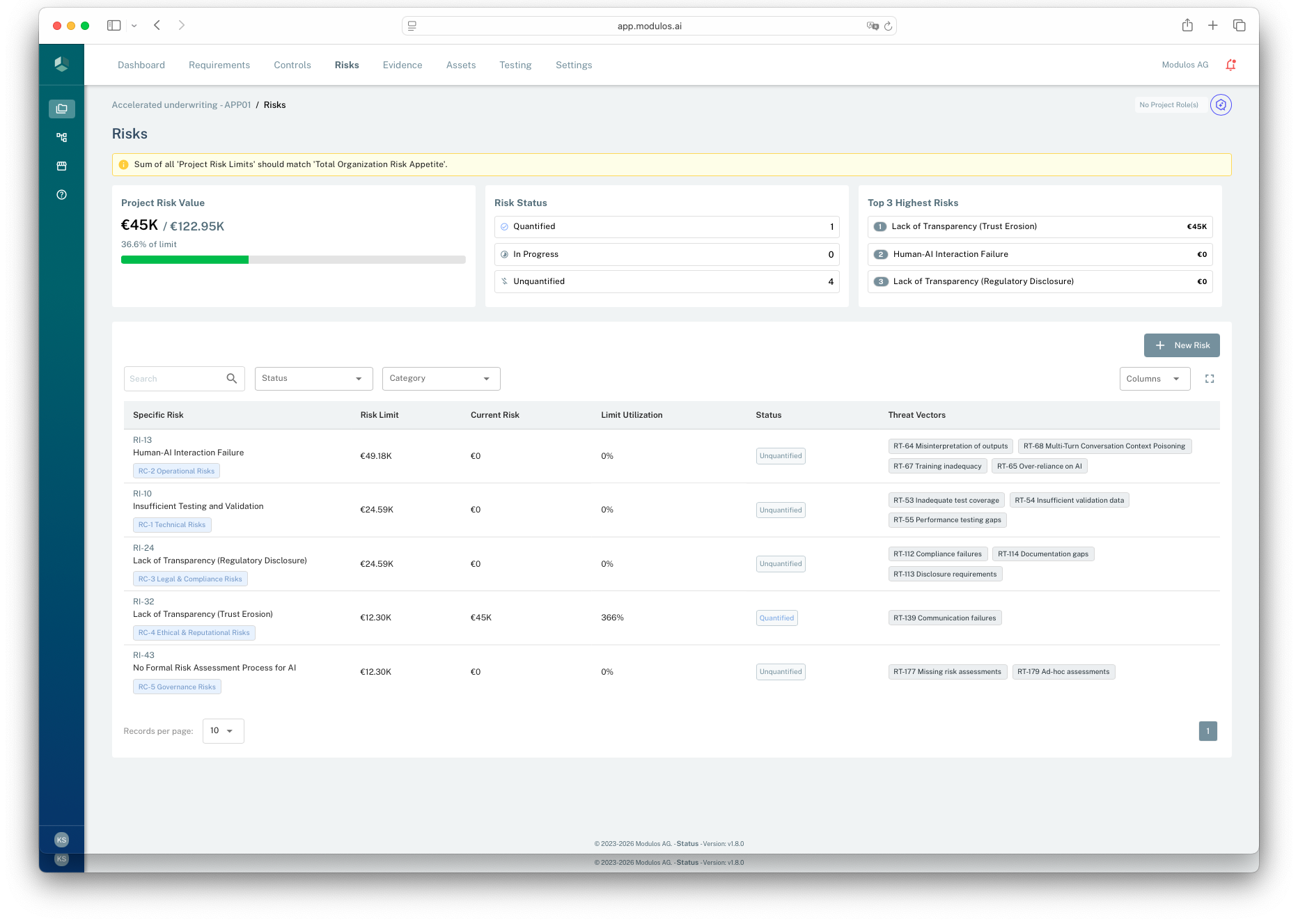 Project Risks list view showing project risk value, status counts, and a table of risks with threat vectors.