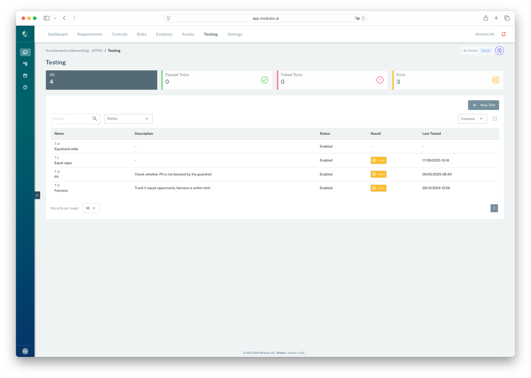 Project Testing page showing test status tabs, the tests list, and the New Test action.
