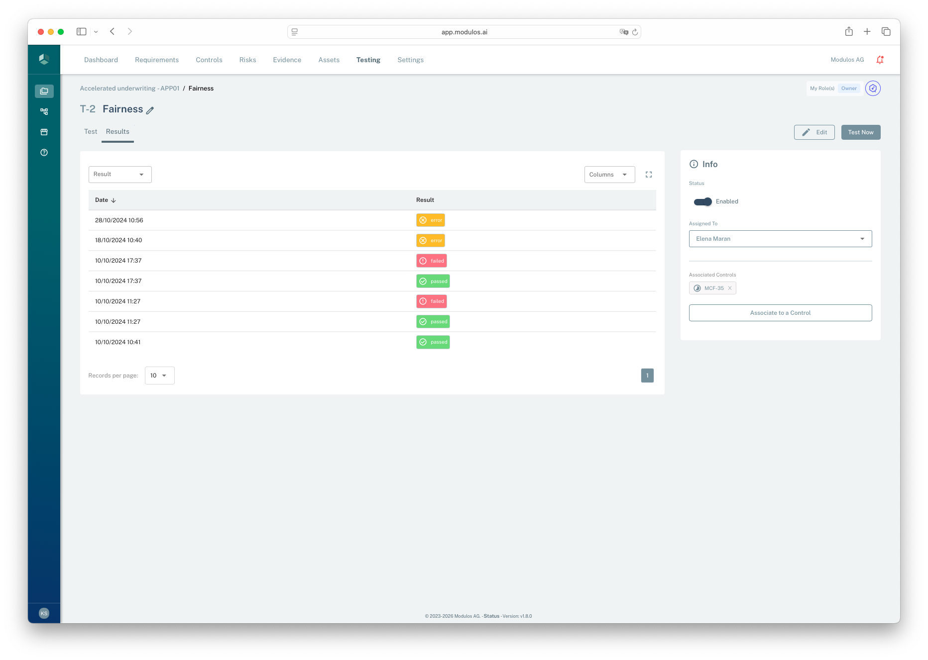 Test detail page showing the Results tab, historical outcomes, and linked controls.