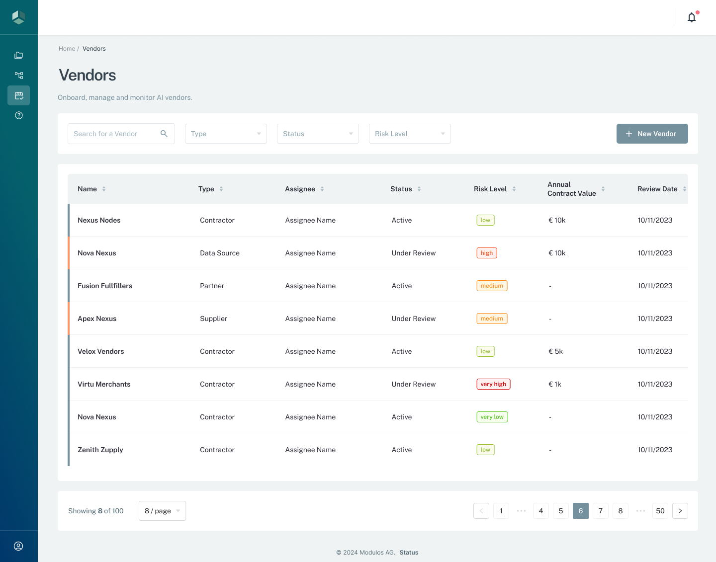 Vendors overview showing filters, a vendor table with risk and status fields, and the New Vendor action.